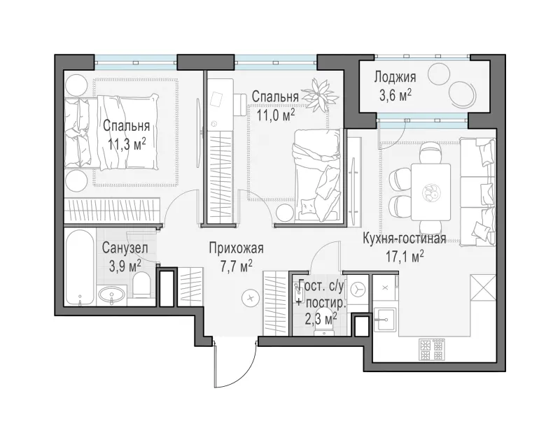 2-комн. 55 м²