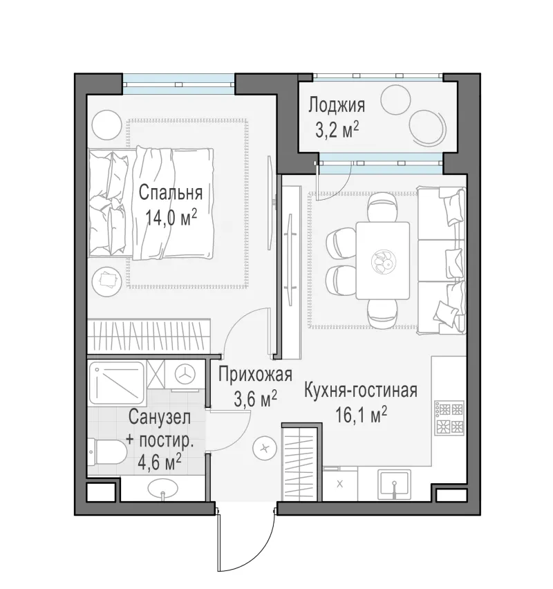 1-комн. 39.9 м²