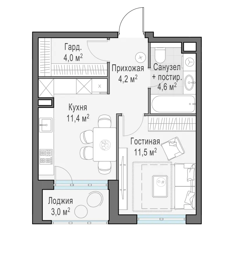 1-комн. 37.4 м²