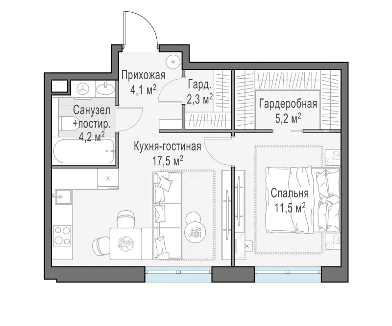 1-комн. 44.9 м²