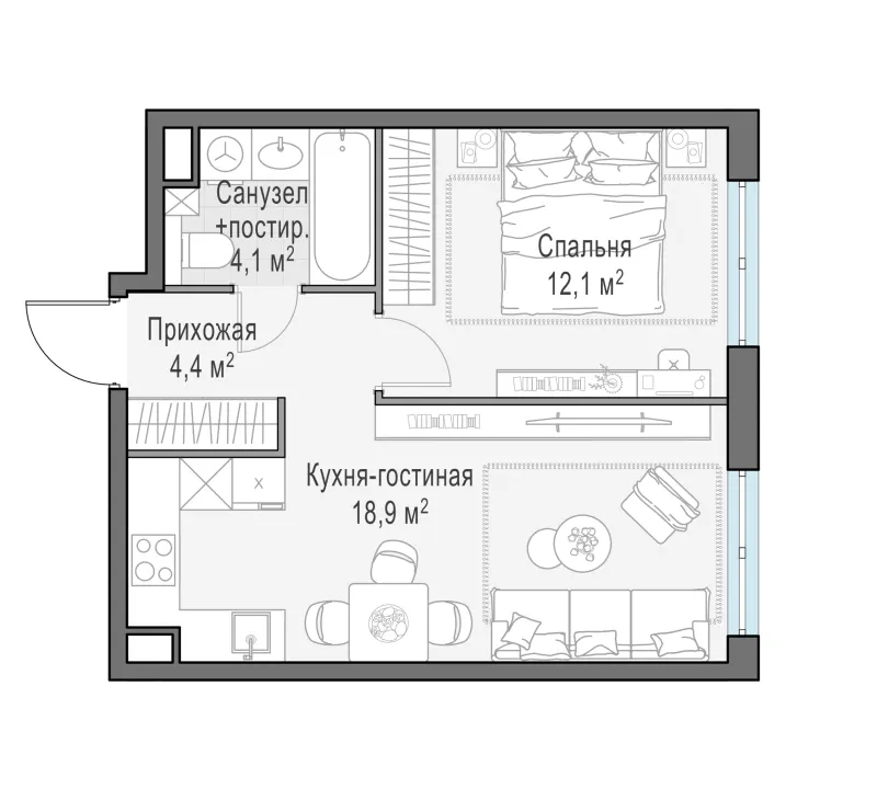 1-комн. 39.5 м²