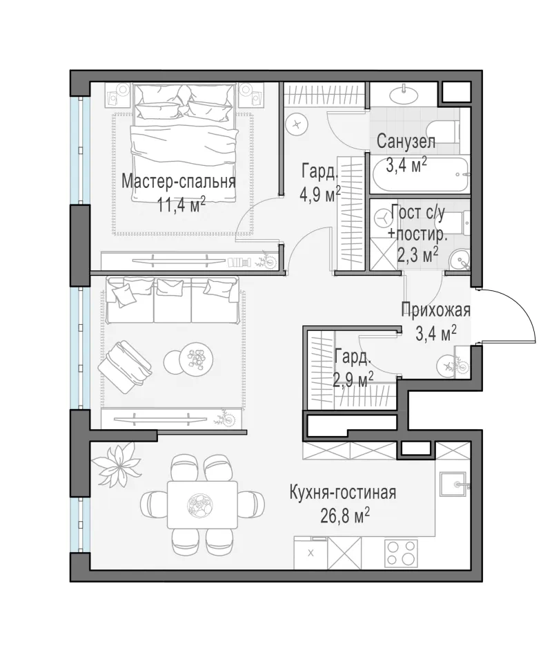 1-комн. 54.8 м²