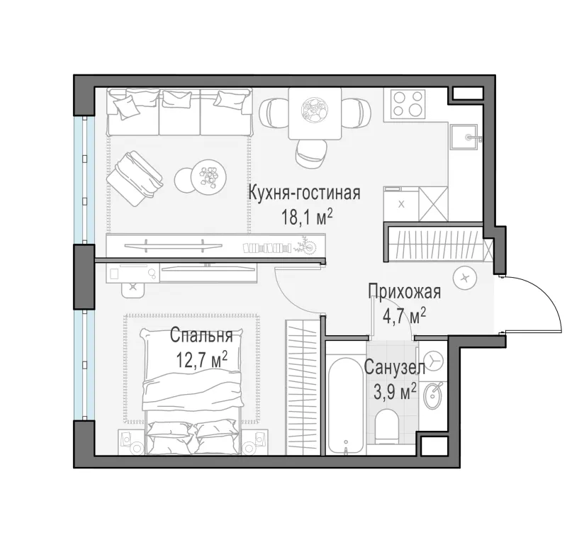 1-комн. 39.4 м²