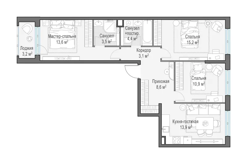 3-комн. 74.7 м²