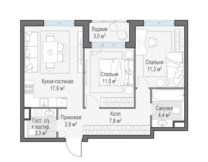 2-комн. 60 м²