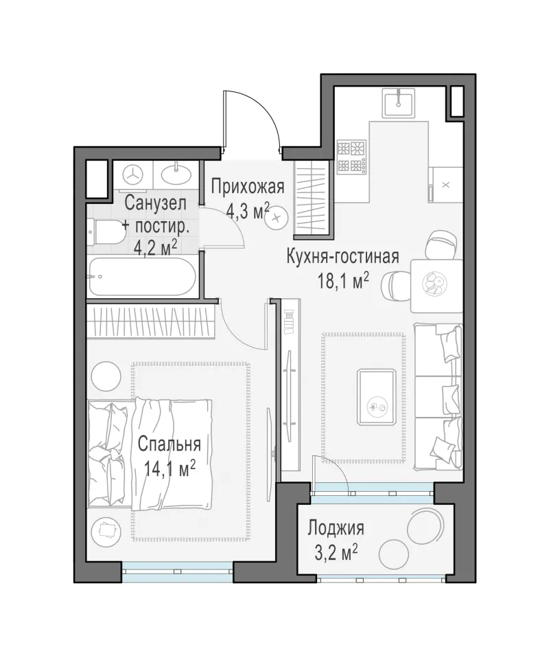 1-комн. 42.2 м²