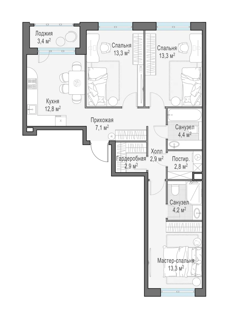 3-комн. 79 м²