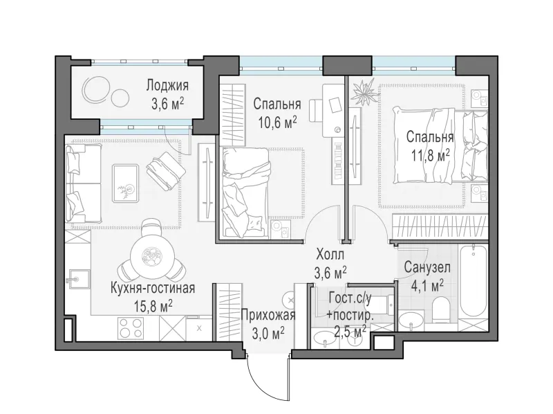 2-комн. 53.2 м²