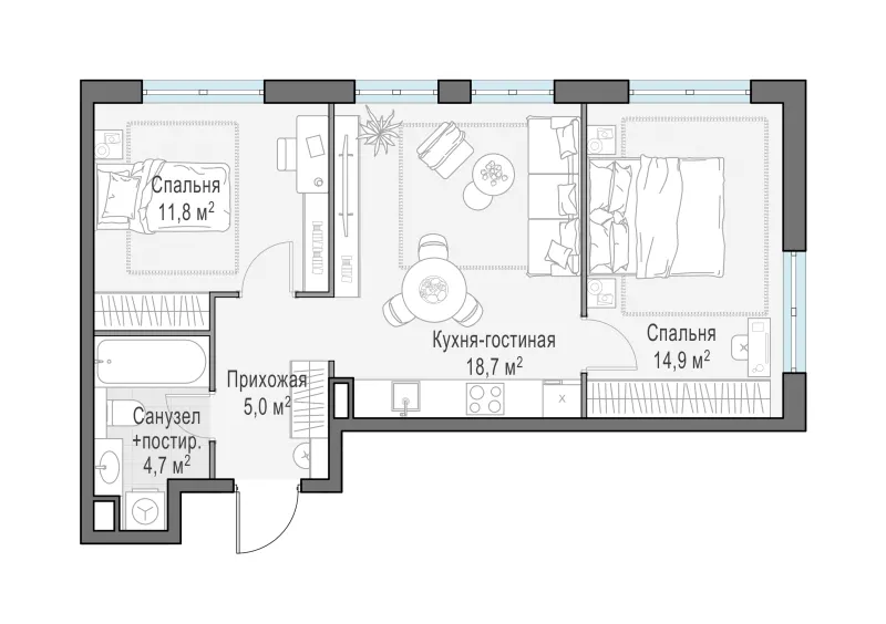 2-комн. 55.1 м²