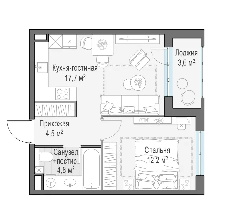 1-комн. 41 м²