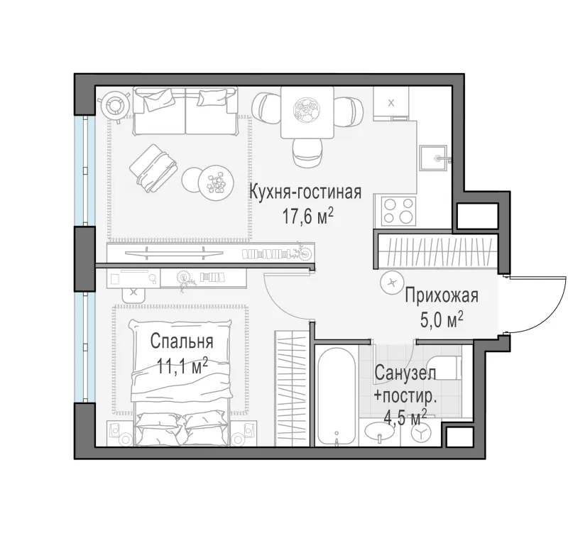 1-комн. 38.3 м²
