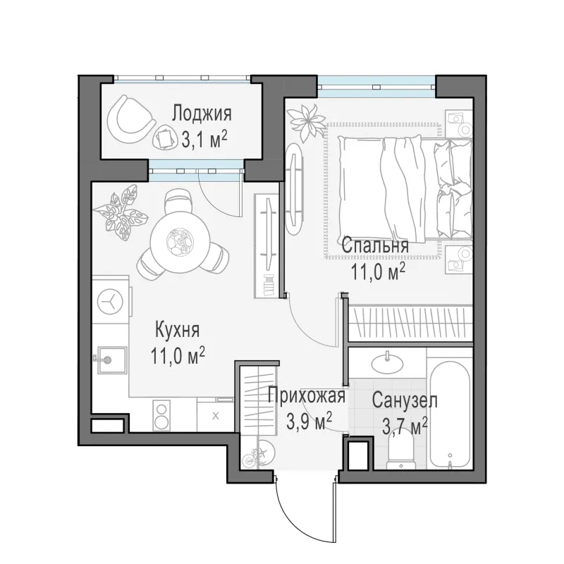 1-комн. 31.1 м²