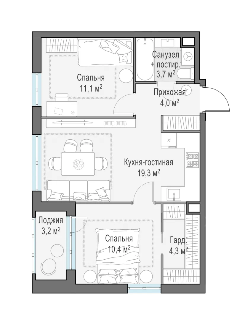 2-комн. 54.4 м²