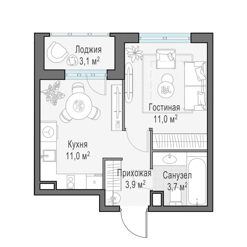 1-комн. 31.1 м²