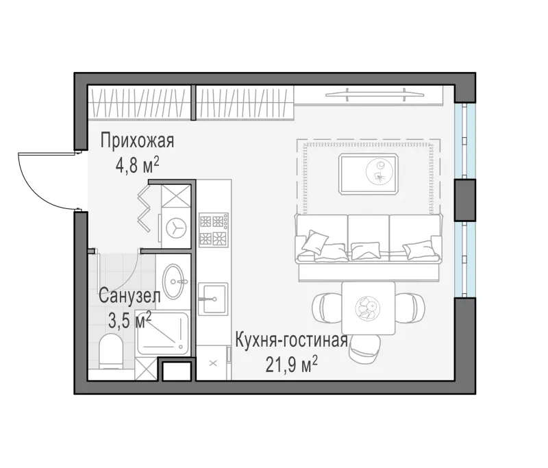 Студия 30.3 м²