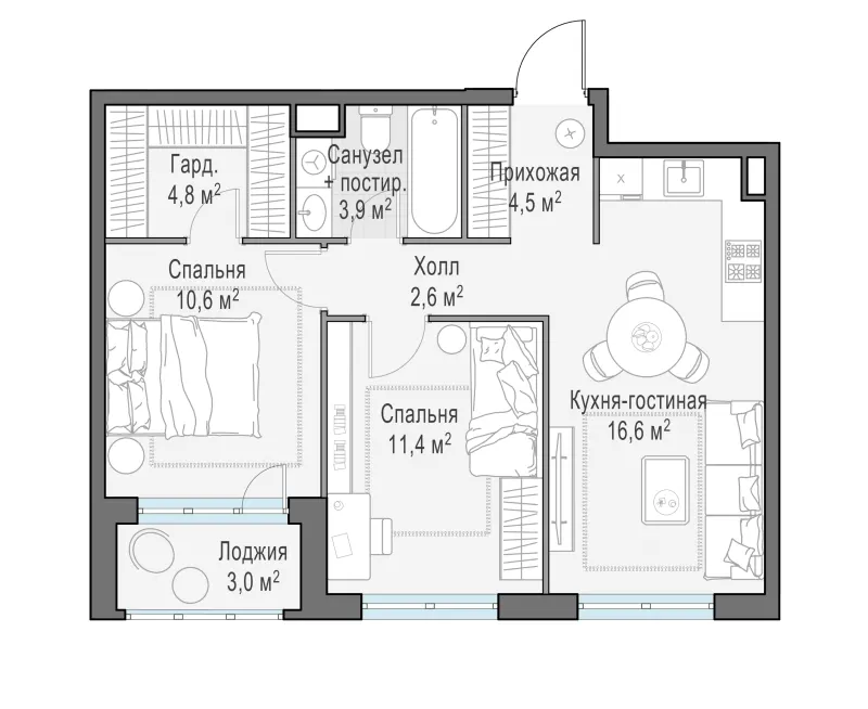 2-комн. 55.7 м²