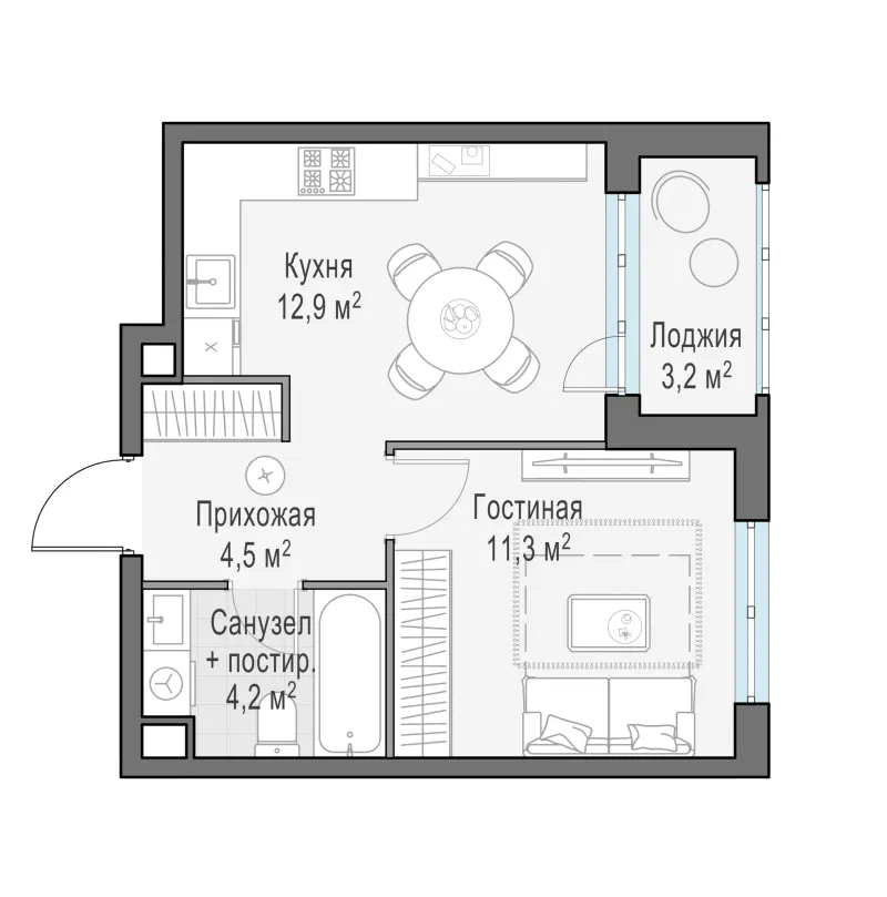 1-комн. 34.5 м²
