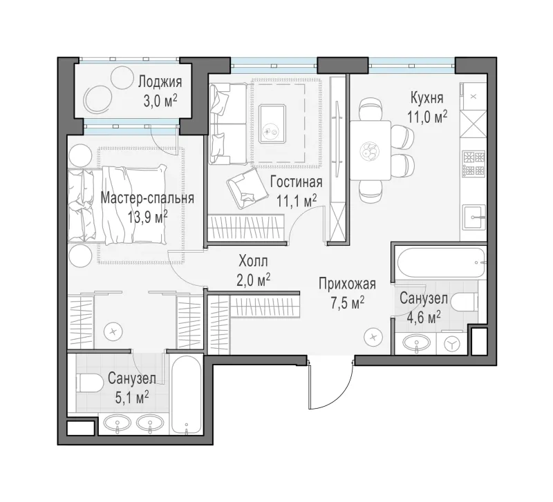 2-комн. 56.7 м²
