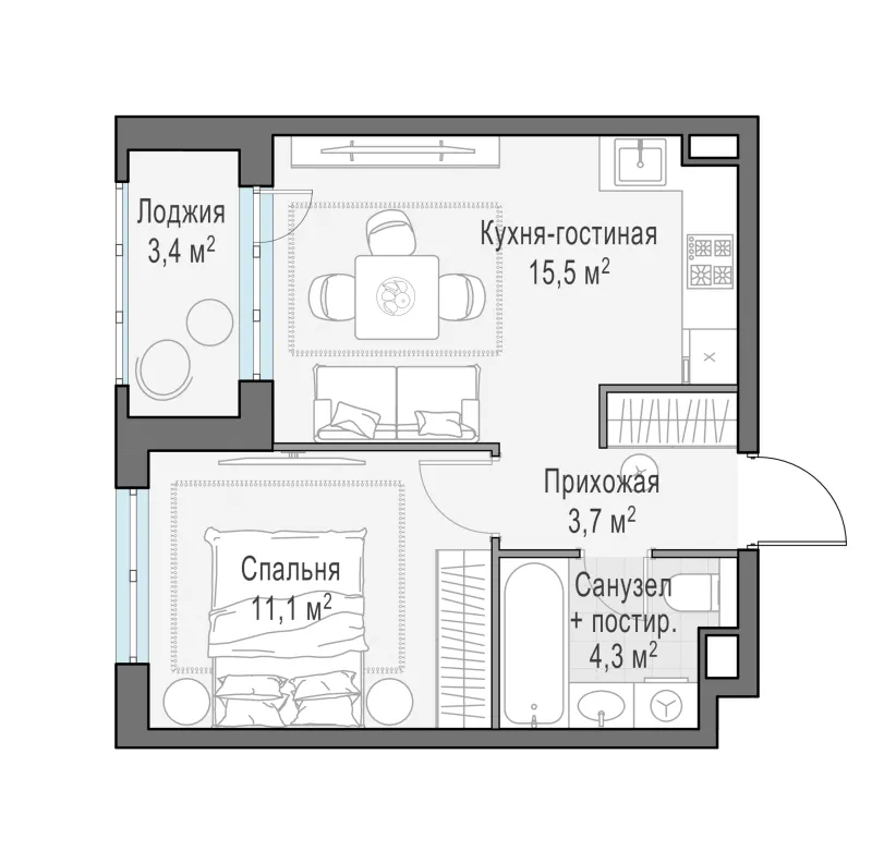 1-комн. 36.3 м²