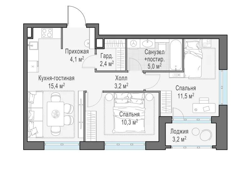2-комн. 53.5 м²