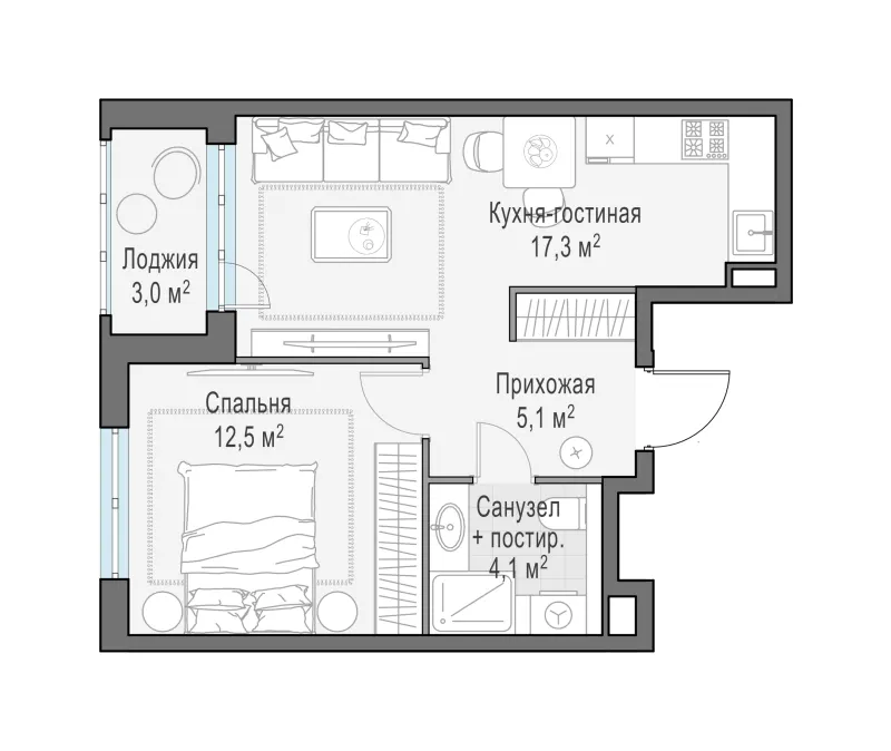 1-комн. 40.4 м²