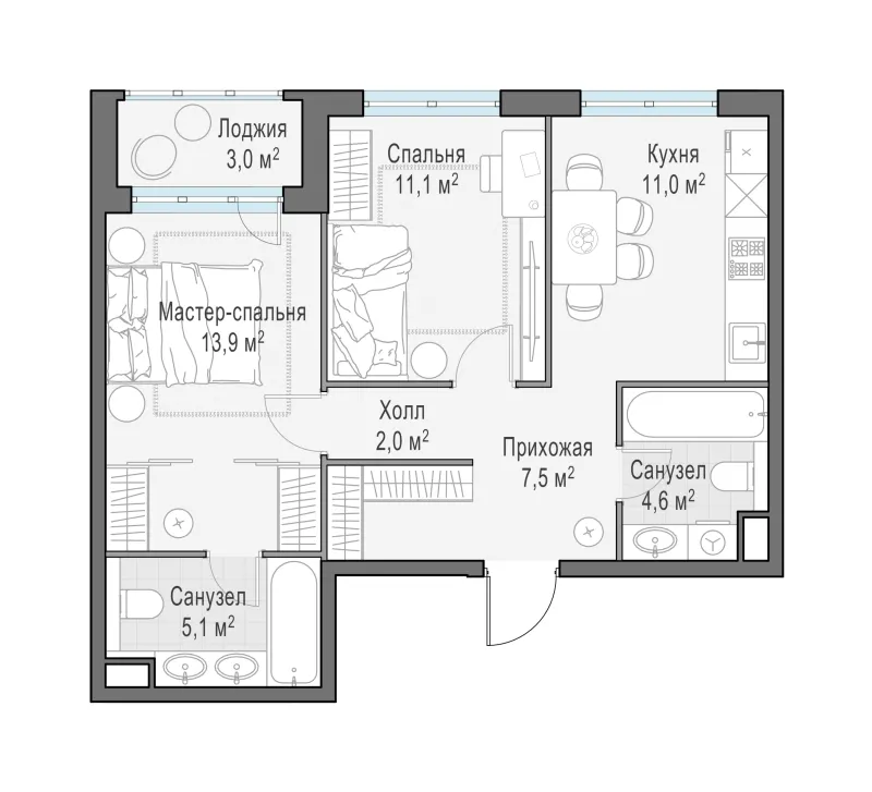 2-комн. 56.7 м²