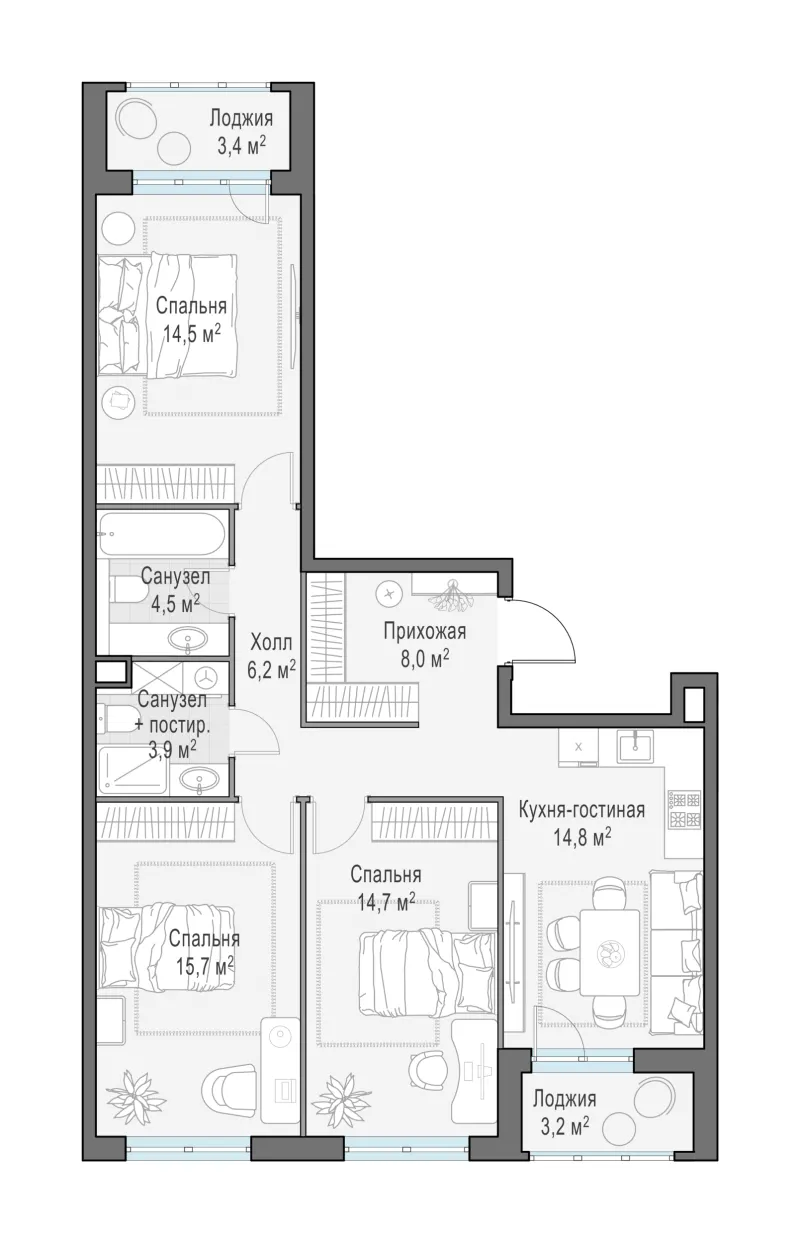 3-комн. 85.7 м²
