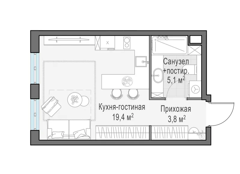 Студия 28.3 м²