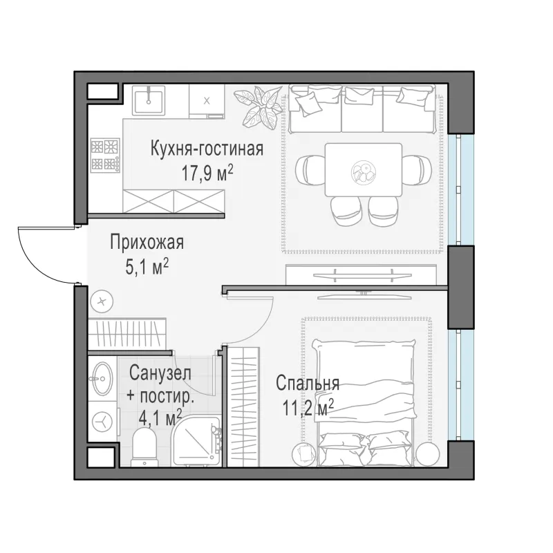 1-комн. 38.3 м²