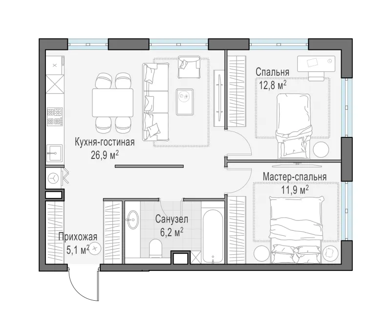 2-комн. 62.9 м²