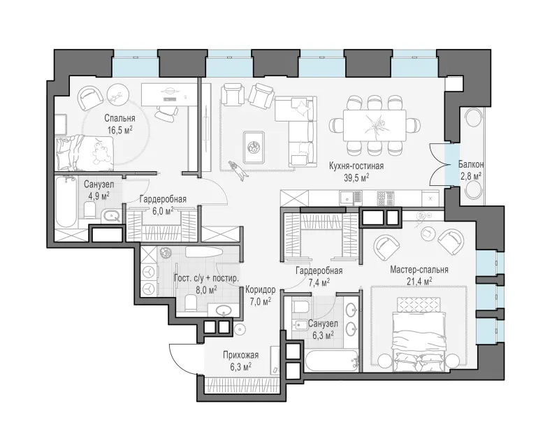 2-комн. 124.5 м²