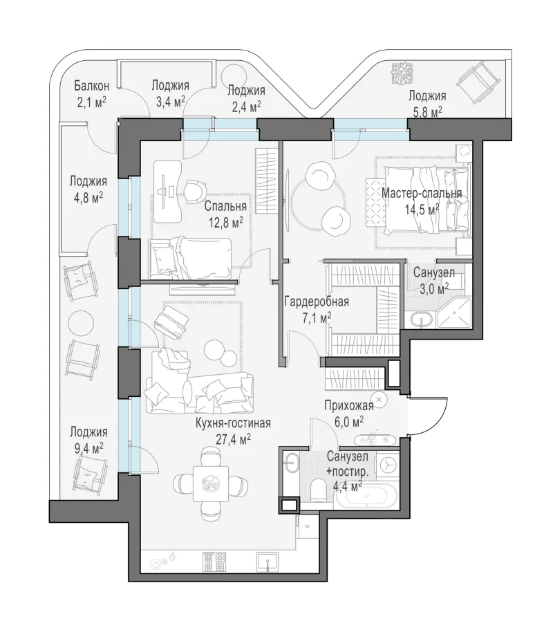 3-комн. 88.8 м²