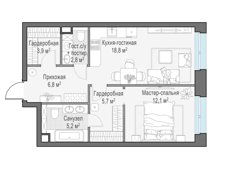 1-комн. 56 м²