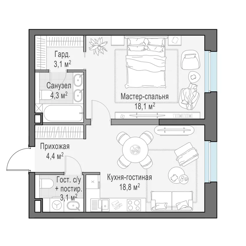 1-комн. 52 м²