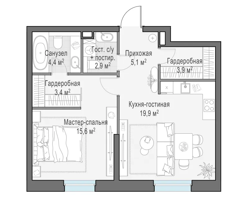 1-комн. 55 м²