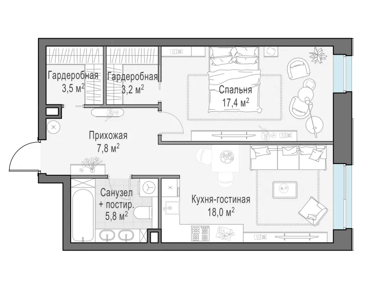 1-комн. 56.3 м²
