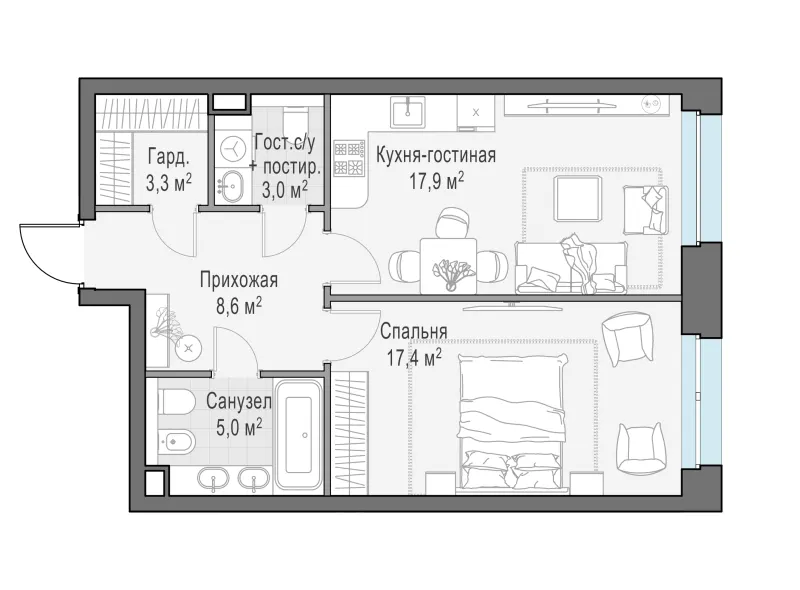 1-комн. 55.2 м²