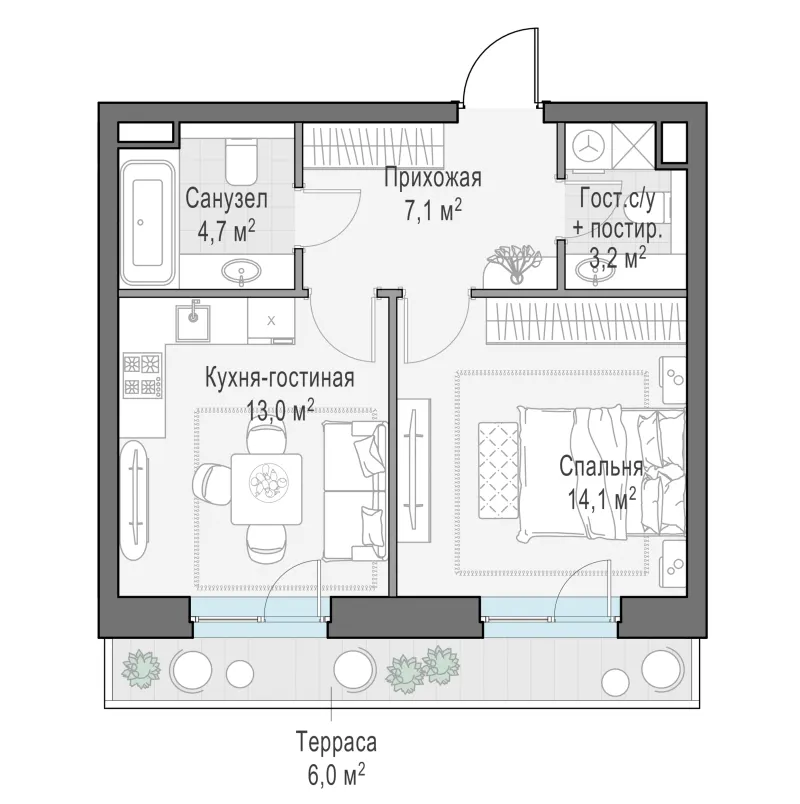 1-комн. 44 м²