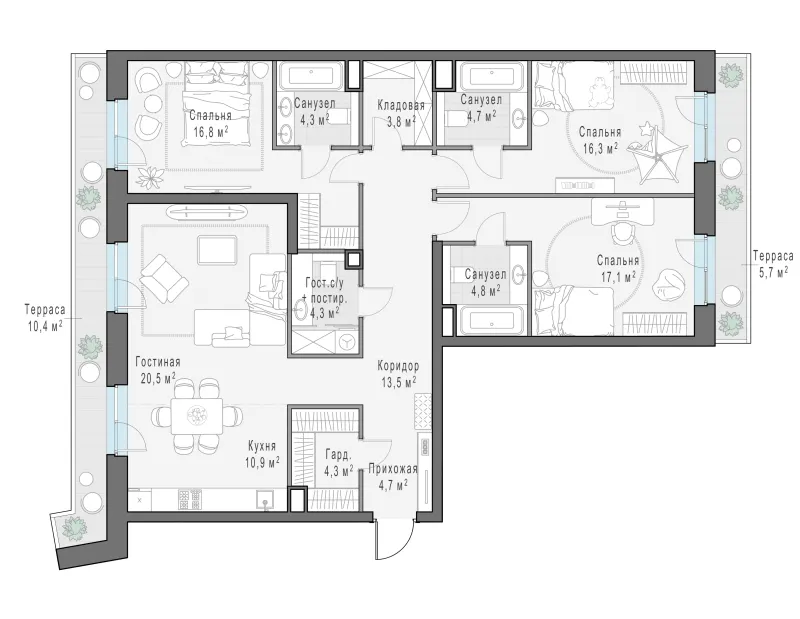3-комн. 130.8 м²