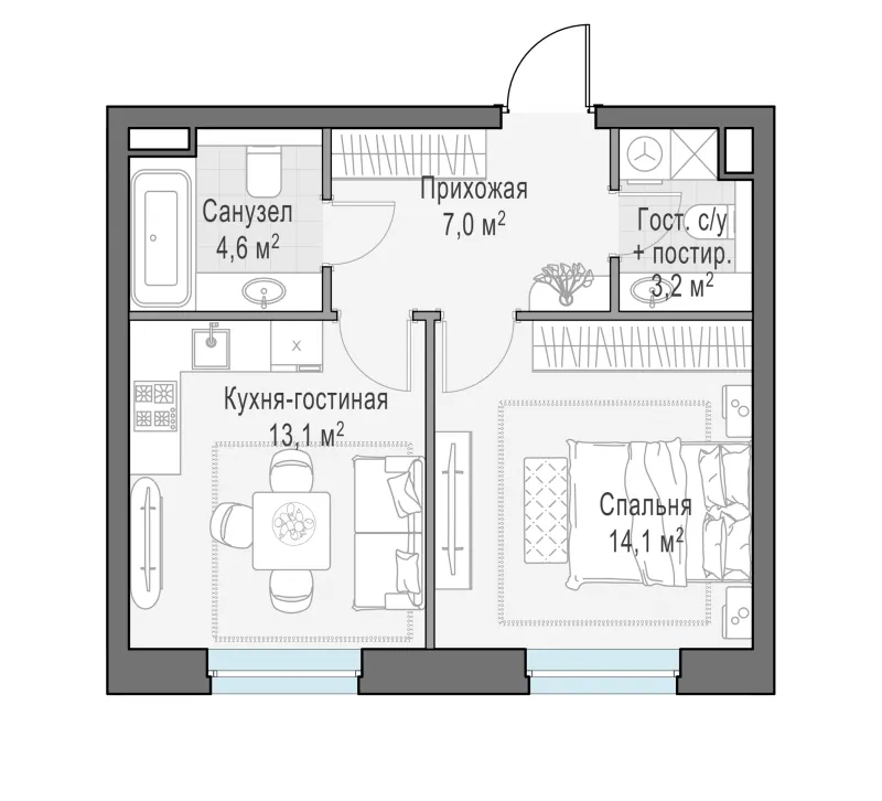 1-комн. 42 м²