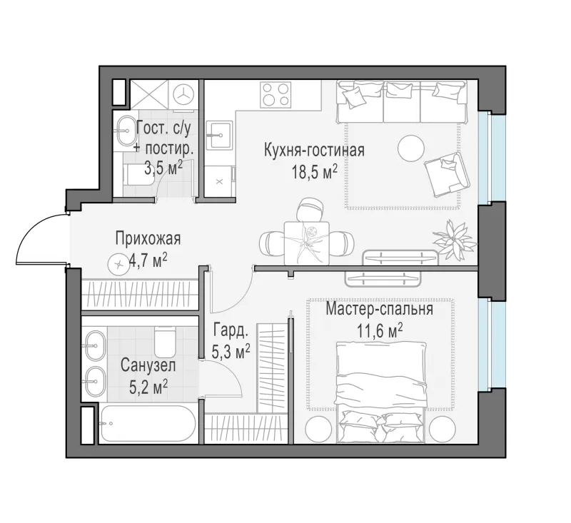 1-комн. 49.3 м²