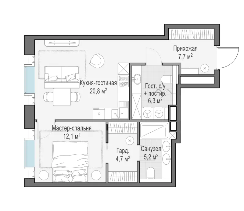 1-комн. 57.5 м²