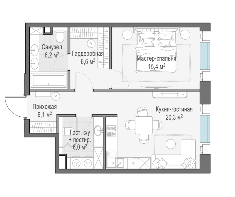 1-комн. 60.7 м²