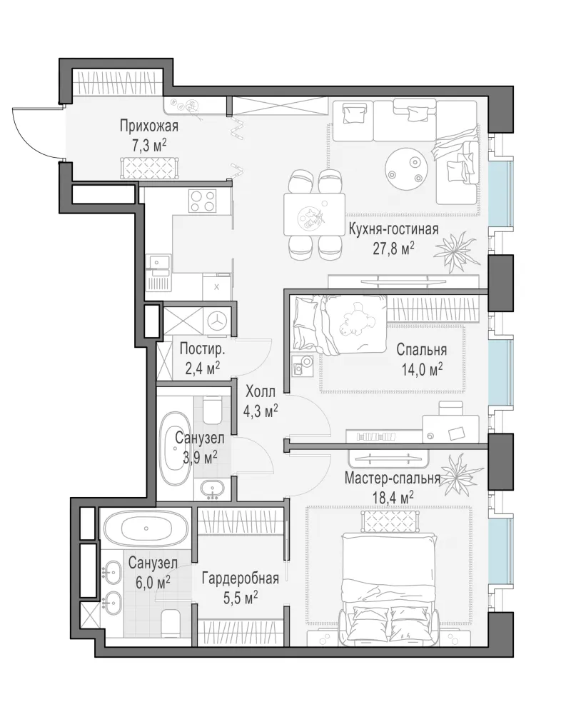 2-комн. 89.7 м²