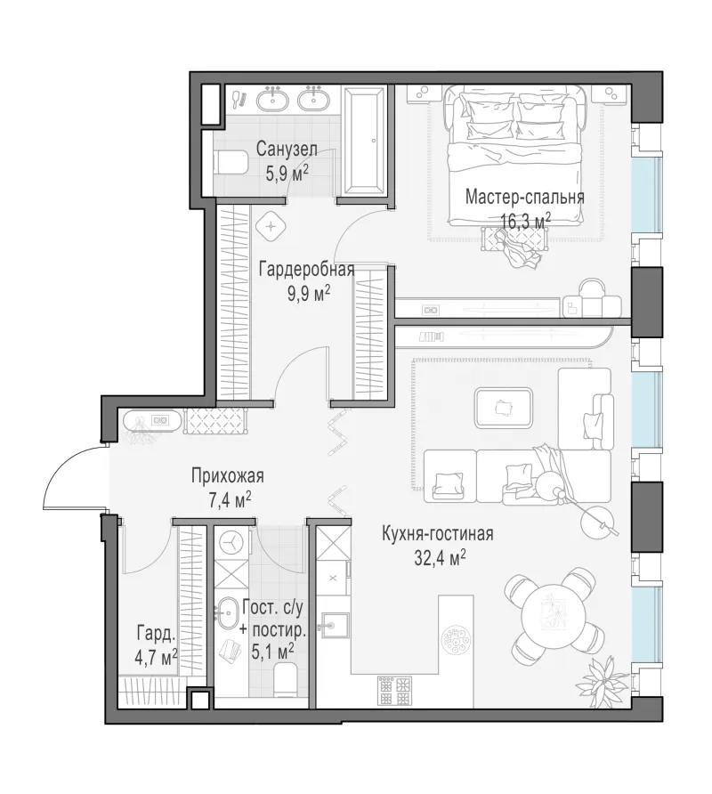 1-комн. 83.9 м²