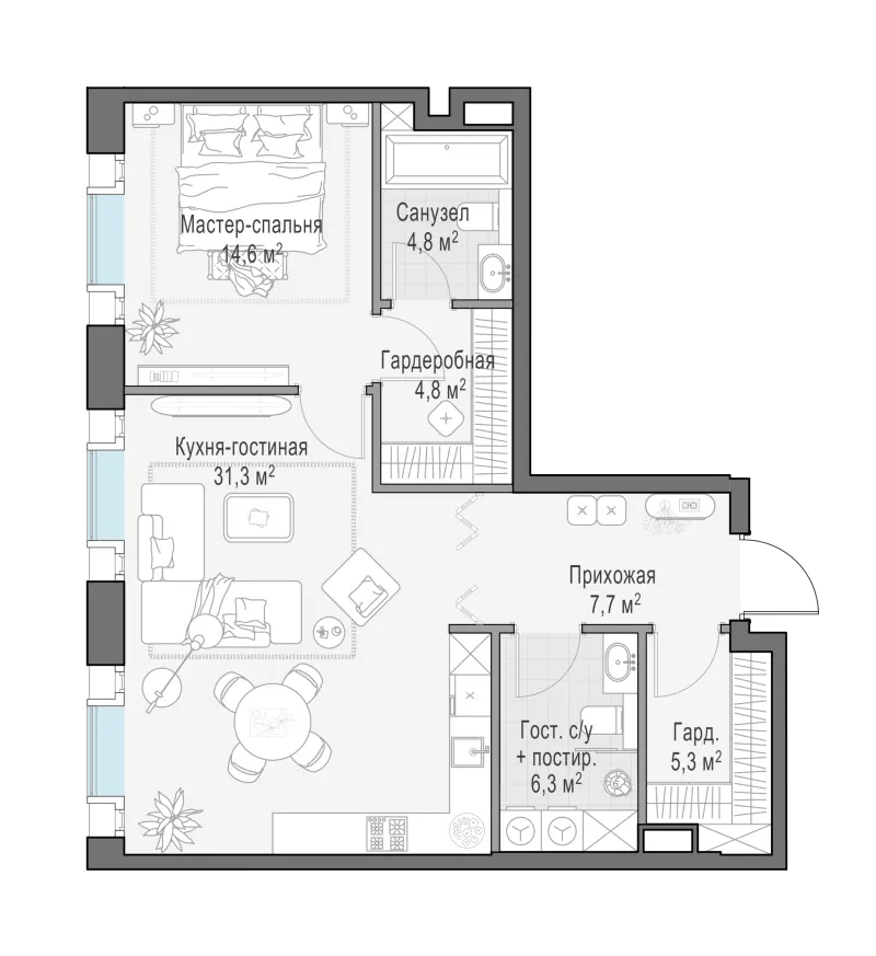1-комн. 76.4 м²