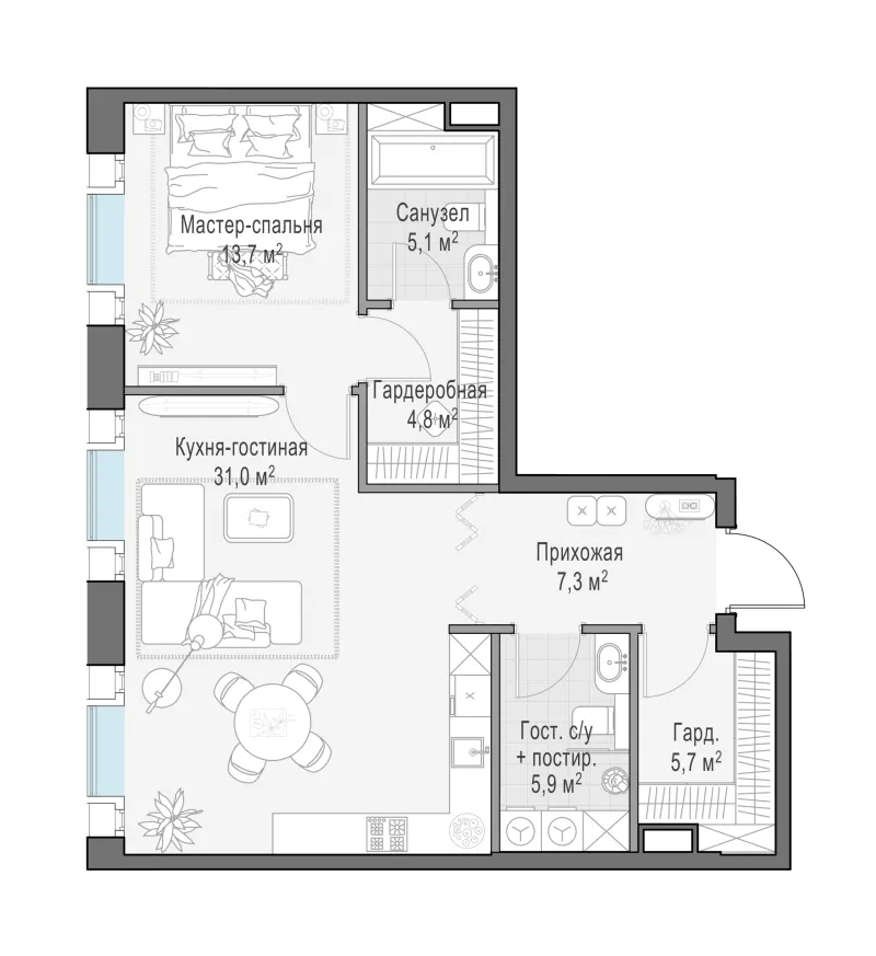 1-комн. 75.3 м²