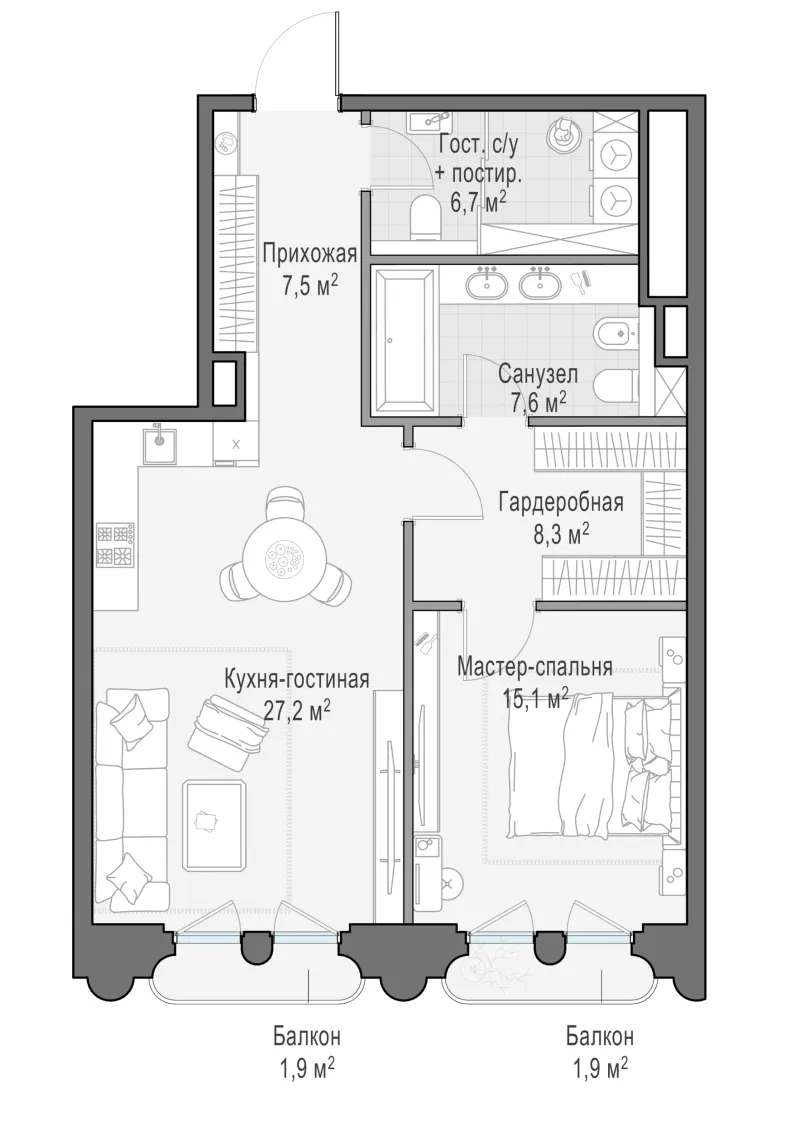 1-комн. 73.8 м²