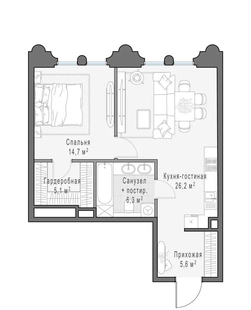 1-комн. 58.4 м²