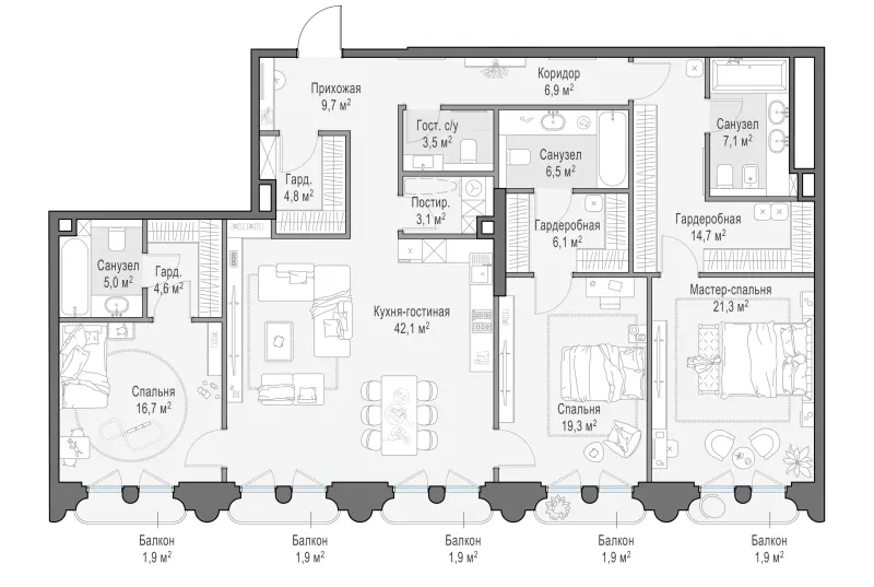3-комн. 174.5 м²